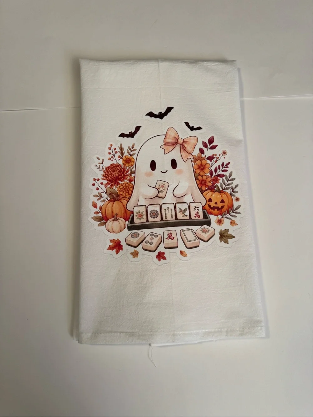 Fall Autumn Halloween Cute Ghost Mahjong kitchen Towel - White & Orange